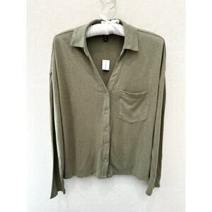 🆕 LUCKY BRAND | Dusty Olive Linen Blend Button Front Long Sleeve Top | Small